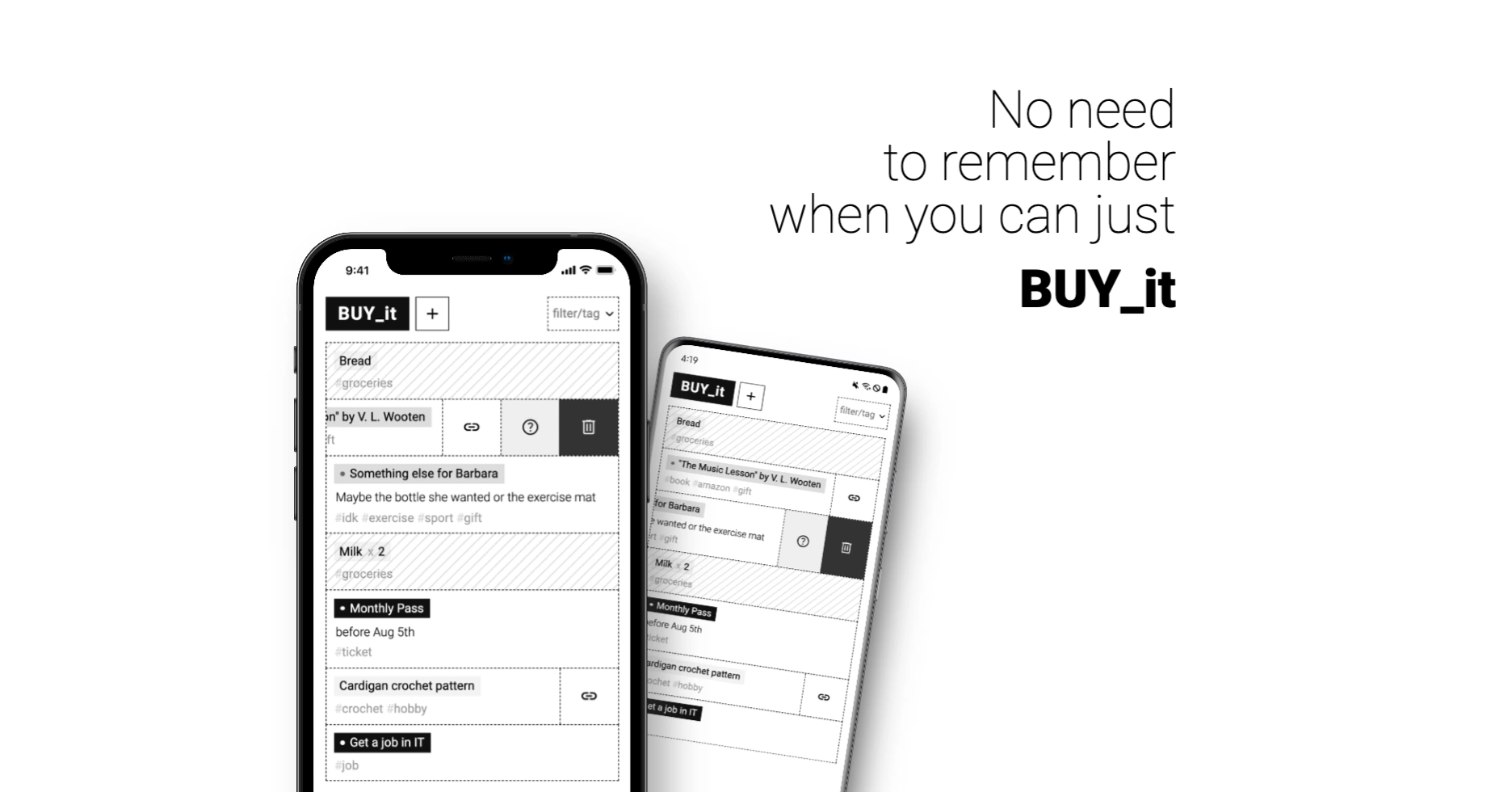 Poster with two phones having BUYit APP on their screens and a slogan 'No need to remember when you can just BUY_it'
