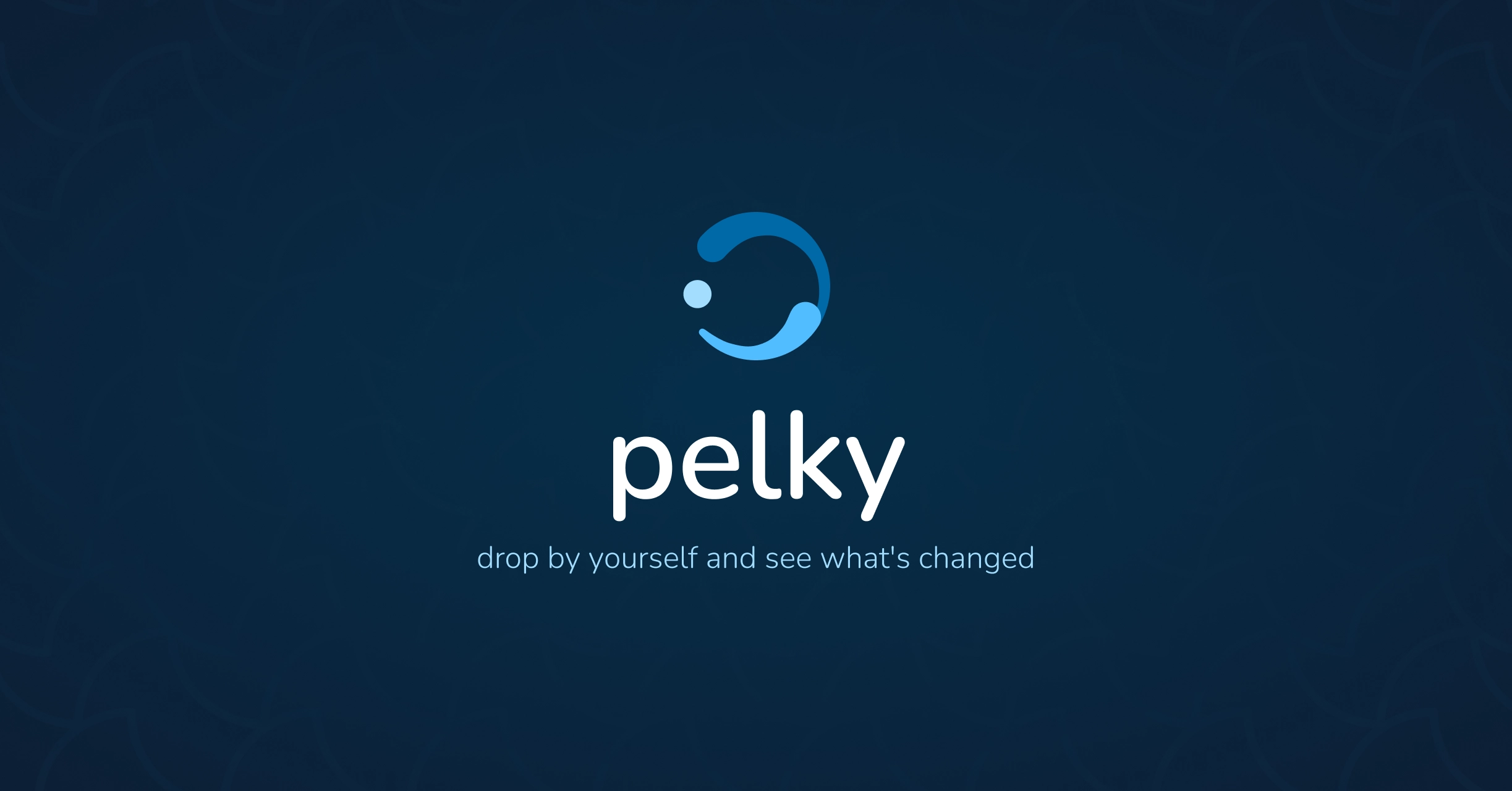 The Pelky logo on a dark blue background with a text below it saying 'drop by yourself and see what's changed'.