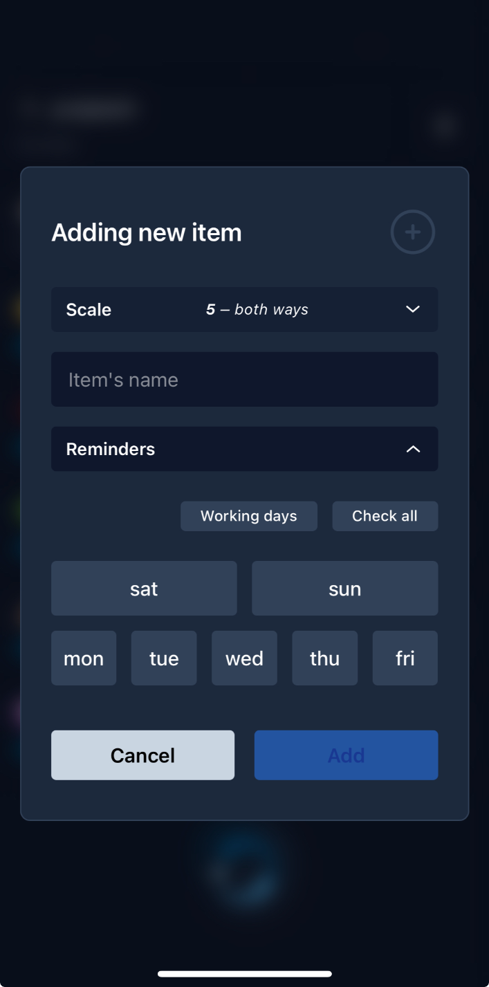 Screenshot of Pelky's item adding dialog window with reminder days selection